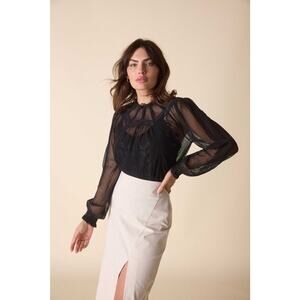 St. Roche Flores Lace Floral‎ Embroidered Long Sleeve Top Black Size 2 NWT